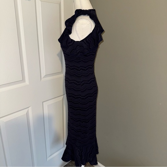 Slate & Willow Lined Midnight Blue Ruffle Sheath Midi Dress Romance Date Night - Picture 5 of 14